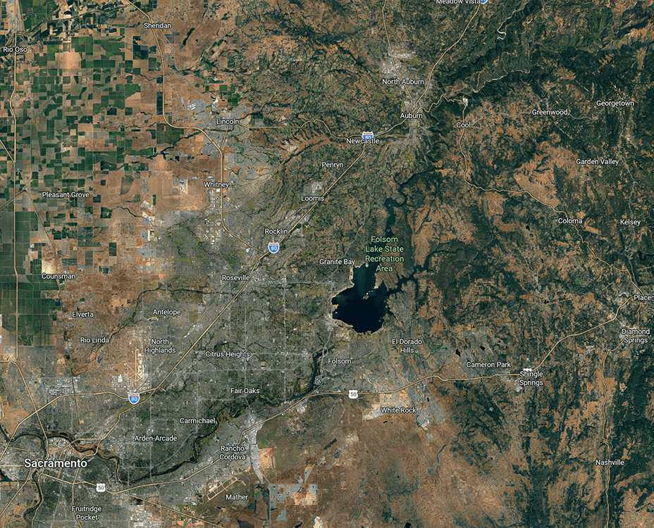 Granite Bay Heating & Air service area map Map showing the Granite Bay Heating & Air service area in Granite Bay and surrounding Sacramento Valley communities