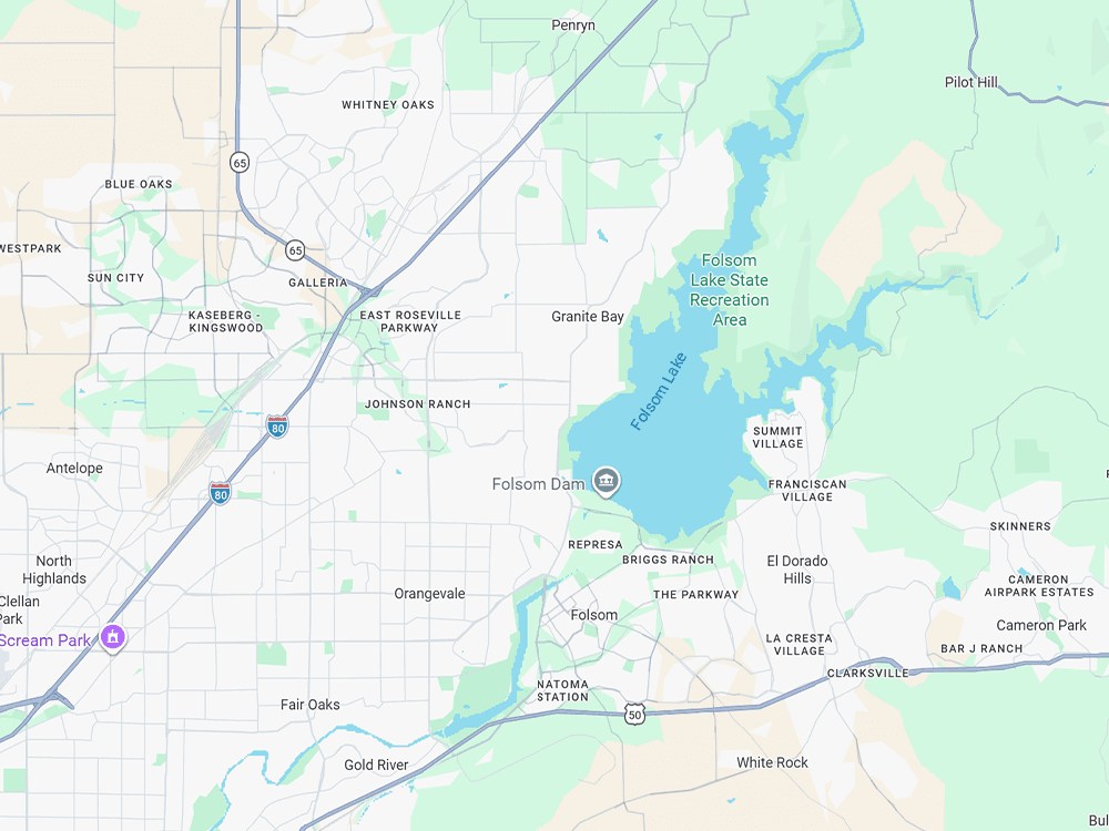 Granite Bay Heating & Air service area map Map showing the Granite Bay Heating & Air service area in Granite Bay and surrounding Sacramento Valley communities